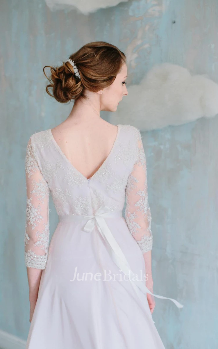 Jewel Neck 3 4 Sleeve Long Chiffon Dress With Lace Bodice and Sash