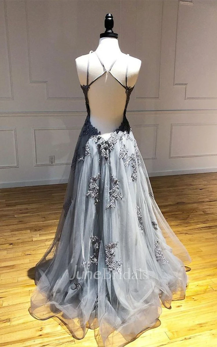 Elegant A Line Tulle Floor-length Sleeveless Open Back Formal Dress with Appliques