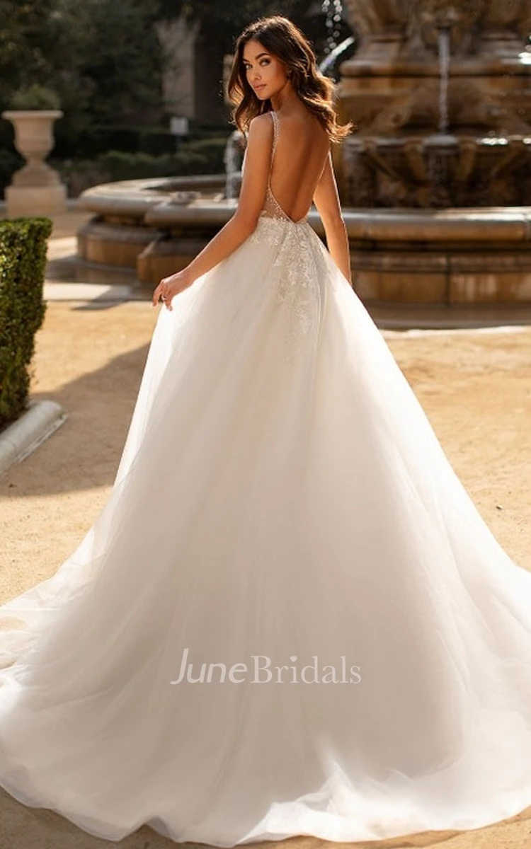 A-Line Chiffon V-neck Wedding Dress Simple Adorable Casual Elegant Romantic Beach Garden With Sleevesless And Appliques