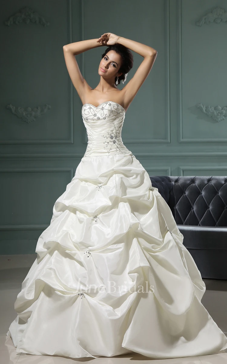 Sweetheart Sleeveless Pick-Up A-Line Gown With Lace And Ruching