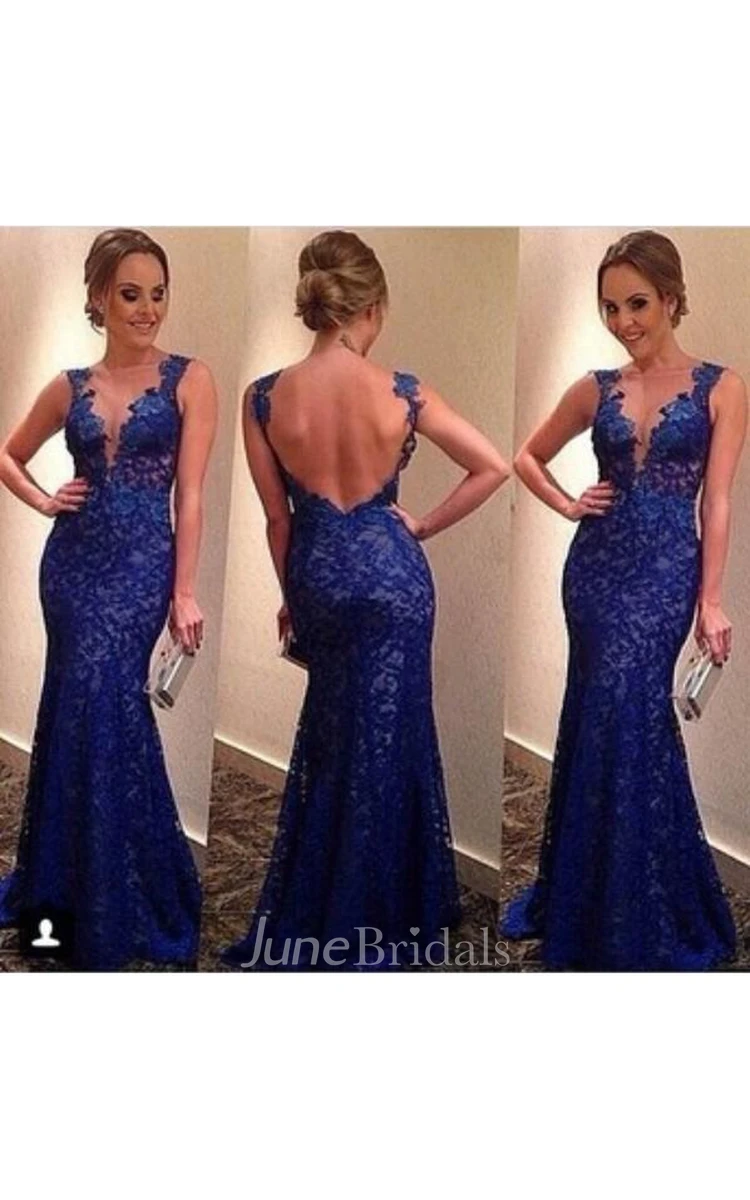 Sexy Backless Royal Blue Evening Dresses V-neck Sleeveless Full Lace Prom Gowns