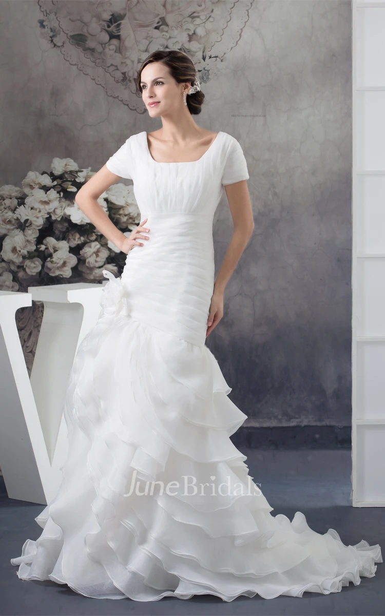 Square-Neck Short-Sleeve Ruched Gown with Flower and Tiers