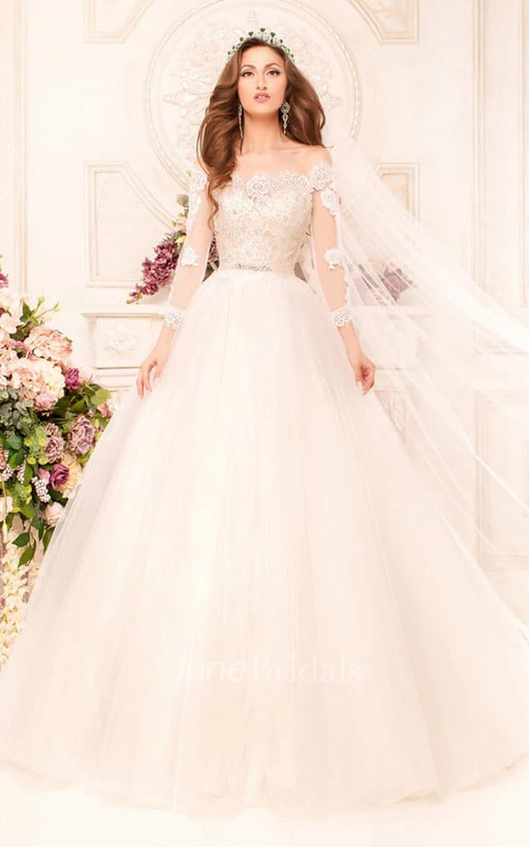 Ball Gown Long Off-The-Shoulder Long-Sleeve Illusion Tulle Dress With Appliques And Beading