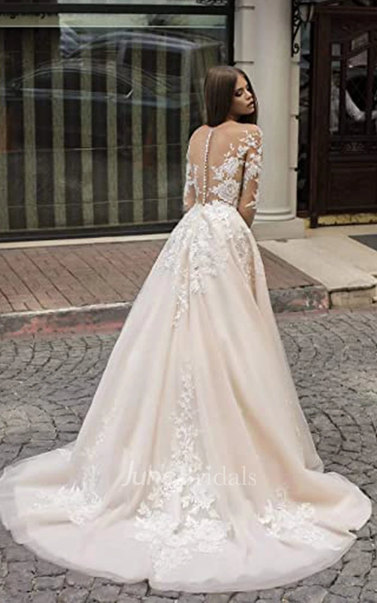 Lace A-Line V-neck Wedding Dress Simple Casual Elegant Romantic Beach Garden With Illusion Long Sleeves And Appliques