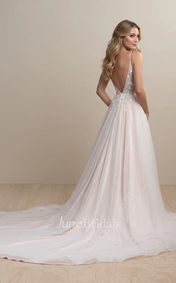 Beach A-Line Boho Lace Spring Wedding Dress Floral Sparkly Sequins Split Front Spaghetti Straps Bridal Gown with 3D Flowers