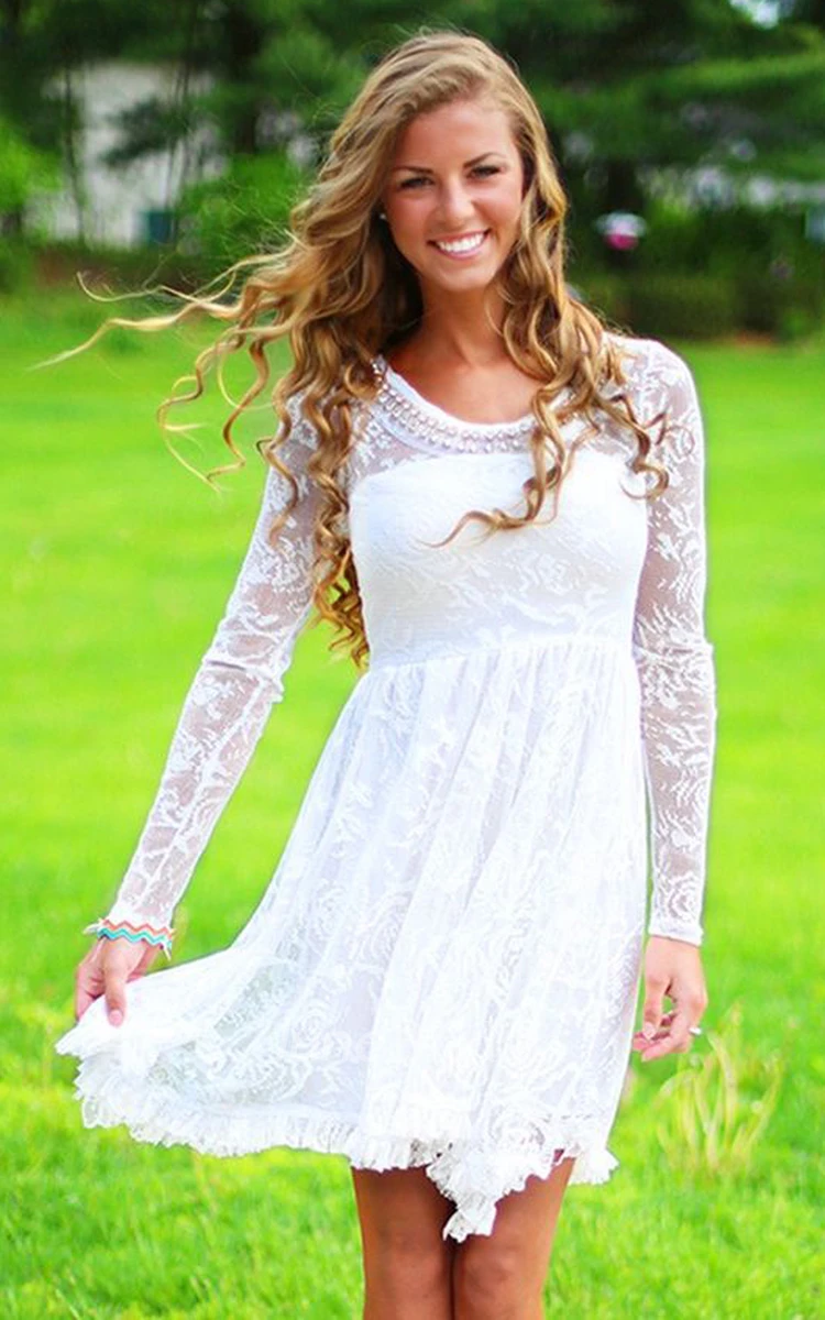 Graceful Casual Lace Beach Knee-Length Wedding Dress with Beadings