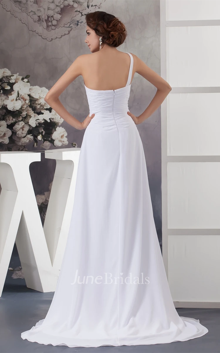 One-Shoulder Chiffon Ruched Dress with Bow and Brush Train