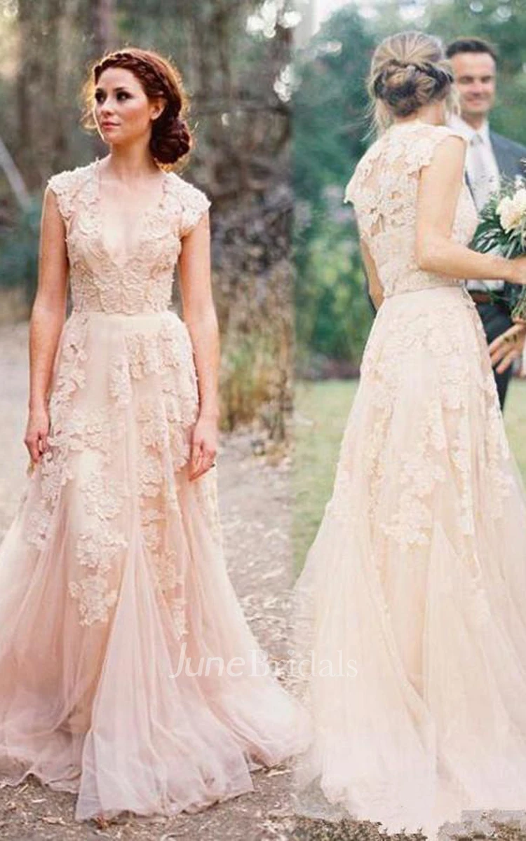 Elegant Modest Pink Plus Size Blush Long Sleeves A Line Tulle Lace Bling  Sequins V Neck Bridal Gown - June Bridals