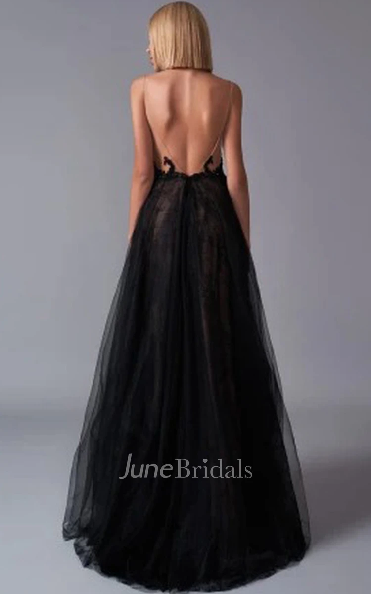Modern A Line Tulle Floor-length Train Sleeveless Backless Formal Dress with Ruching