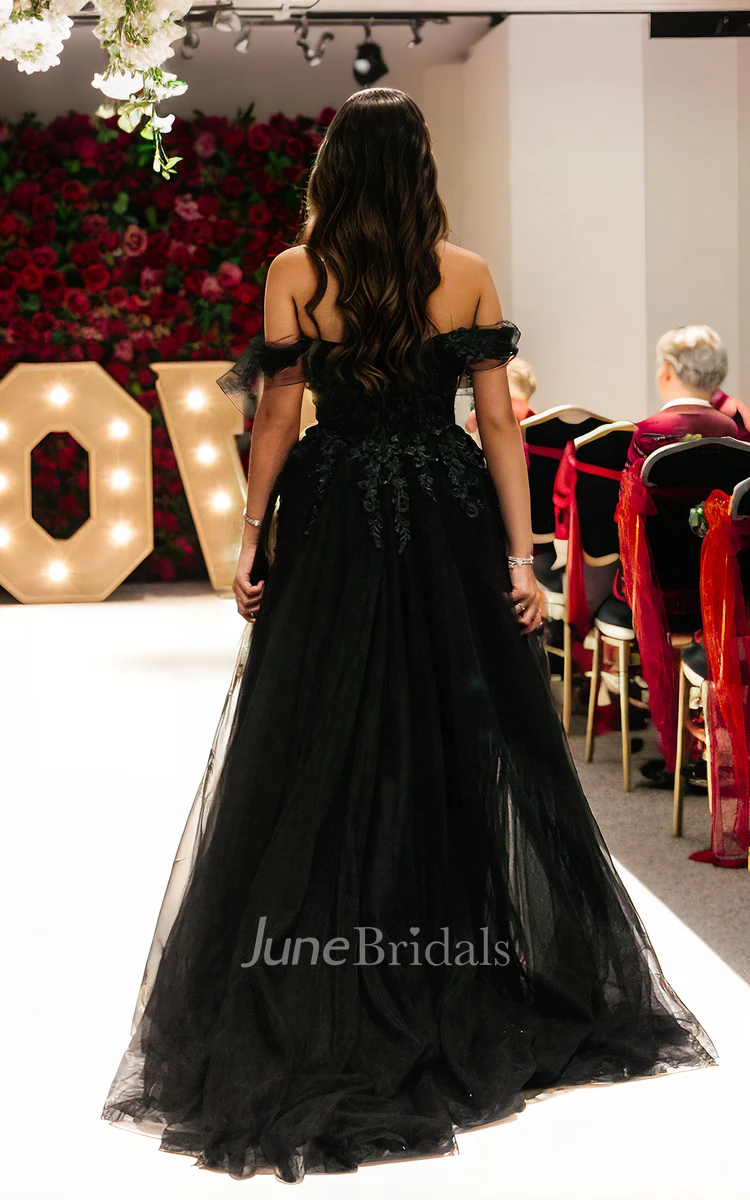Sexy Off-the-shoulder Lace Appliques A-Line Floor-length Backless Black Wedding Bride Dress