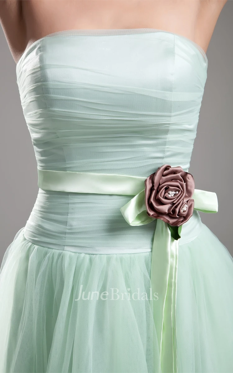 Strapless Chiffon A-Line Gown with Pleats and Flower