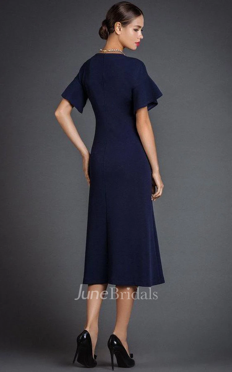 Simple Bell Sleeve A-line Tea-length MOB Dress