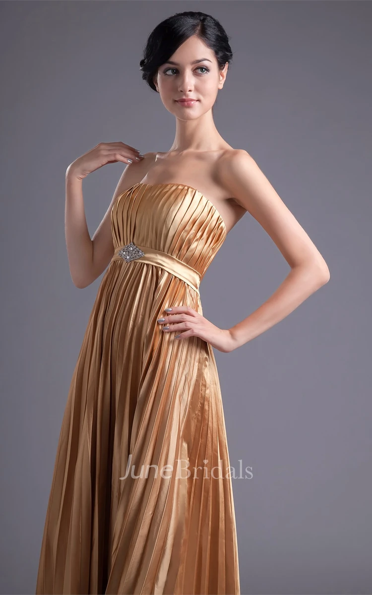 Strapless Pleated Ankle-Length Dress with Broach