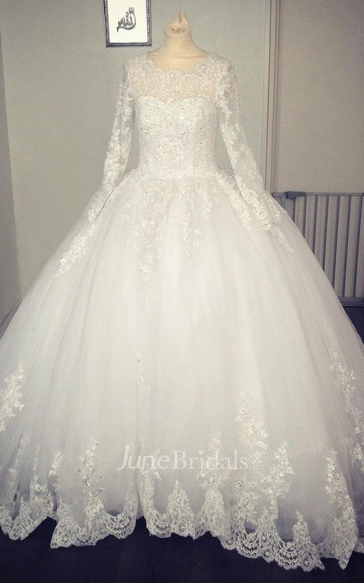Long Sleeve Tulle Weddig Dress With Sequins