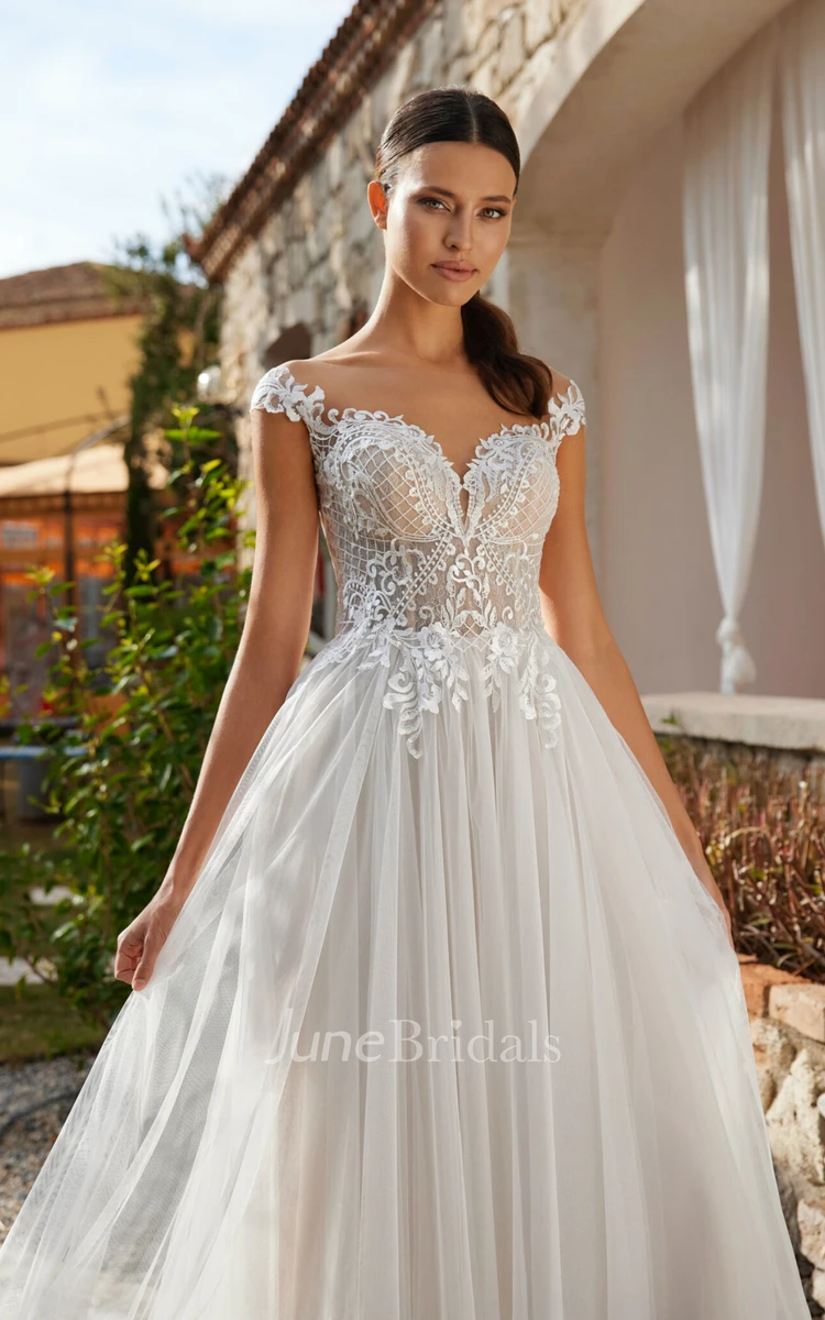 Simple A-Line Lace V-neck Chiffon Wedding Dress With Deep-V Back And Cap Sleeves
