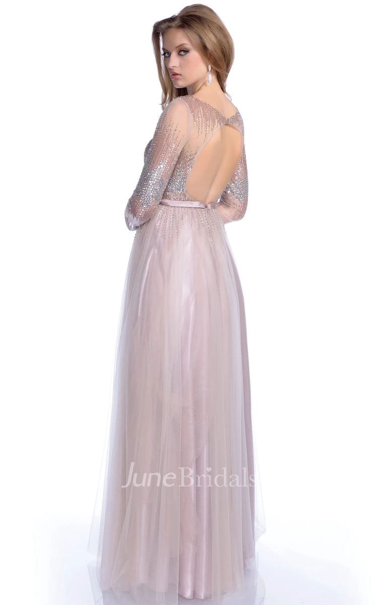 Bateau Neck Long Sleeve A-Line Tulle Prom Dress With Sequined Bodice