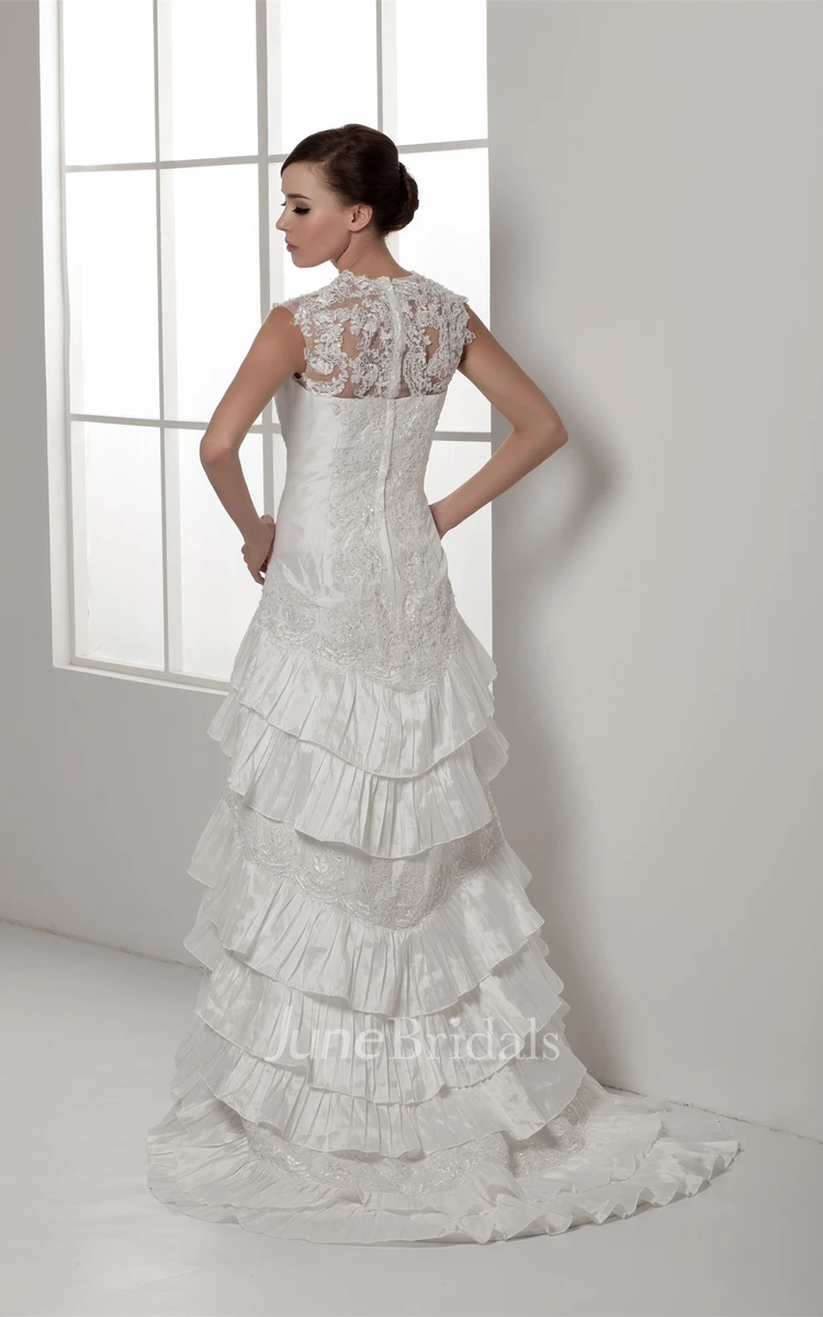 Scalloped-Neck Caped-Sleeve Lace Dress with Beading and Tiers