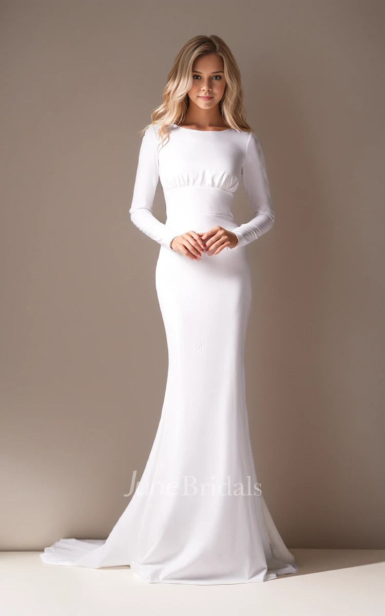 Simple Satin Minimalist Long Sleeve Feather Lace Modest Boatneck Open  Illusion Back Fit and Flare Wedding Dress Bridal Gown 