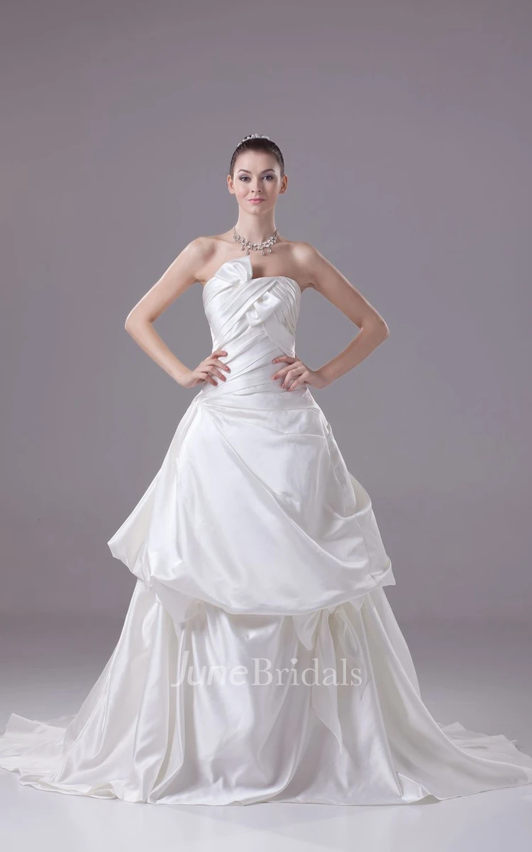 Strapless A-Line Ruched Gown With Bow and Pick-Up Design