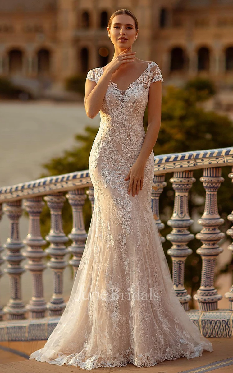 Mermaid Lace V-neck Elegant Floor-length Short Sleeve Wedding