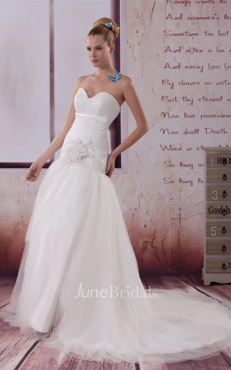 Sweetheart Tulle A-Line Gown with Flower and Ruching