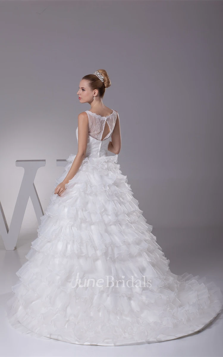 Tiered A-Line Ruffled Ball Gown with Illusion Neckline