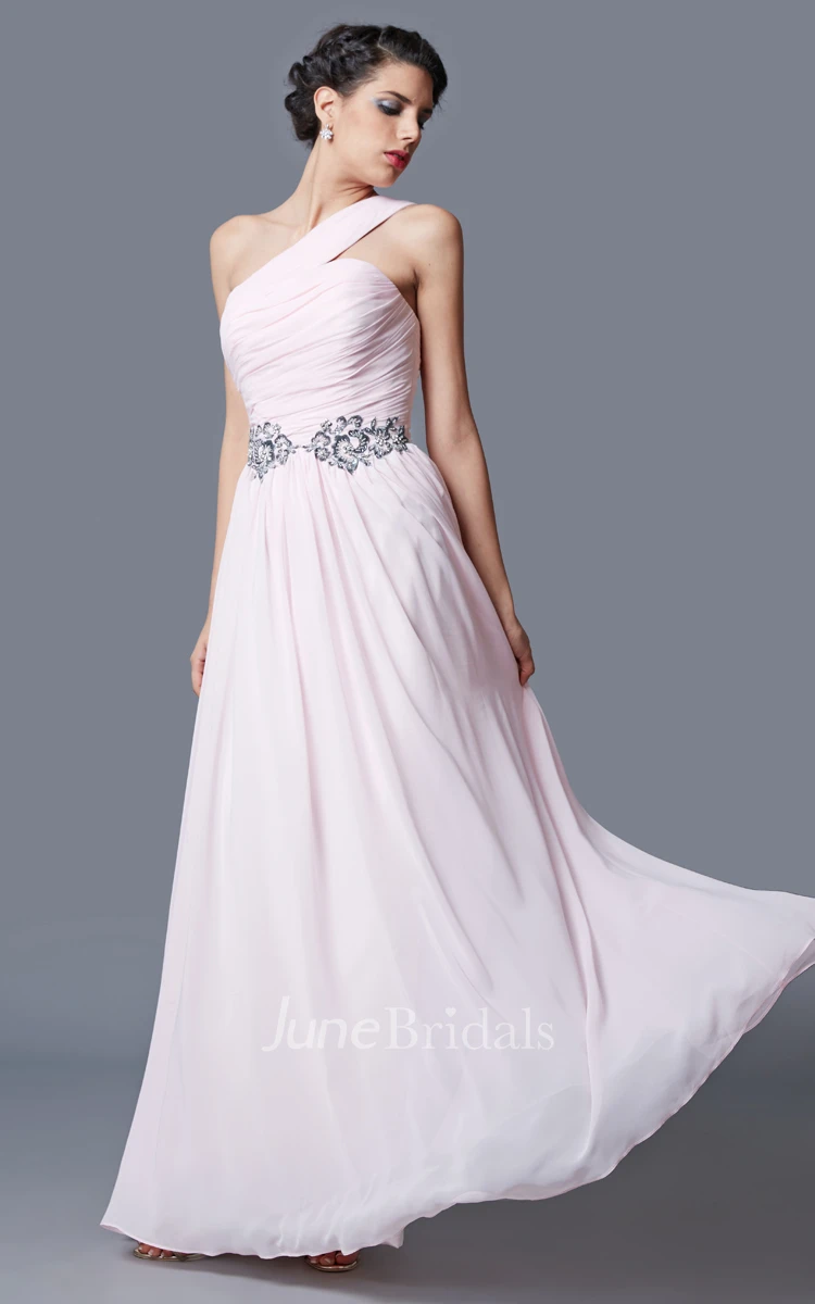 Vibrant Beaded Waist Pleated Long Chiffon Dress With One-shoulder