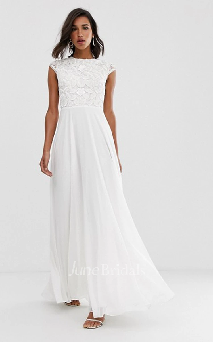 Ethereal Chiffon and Lace Sheath Cap Sleeve Wedding Dress