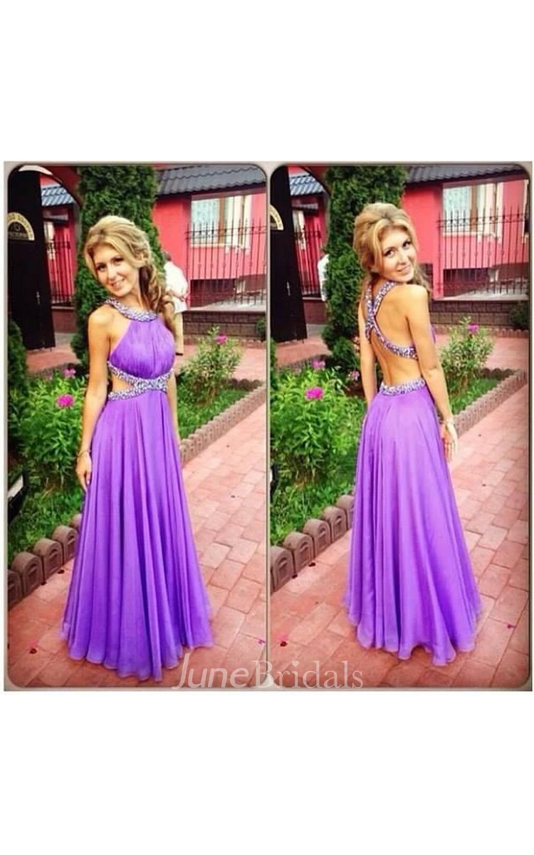 Purple A-Line Open Back Prom Gowns Criss-Cross Evening Dresses With Beadings