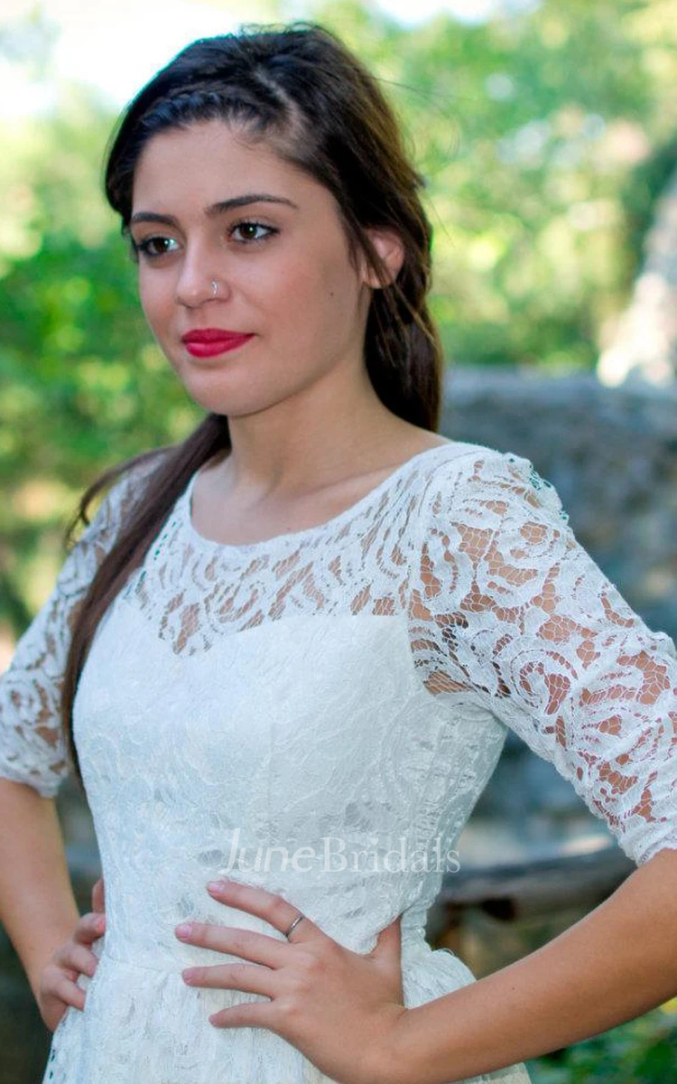 Jewel Half Illusion Sleeve A-Line Anckle-Length Lace Wedding Dress