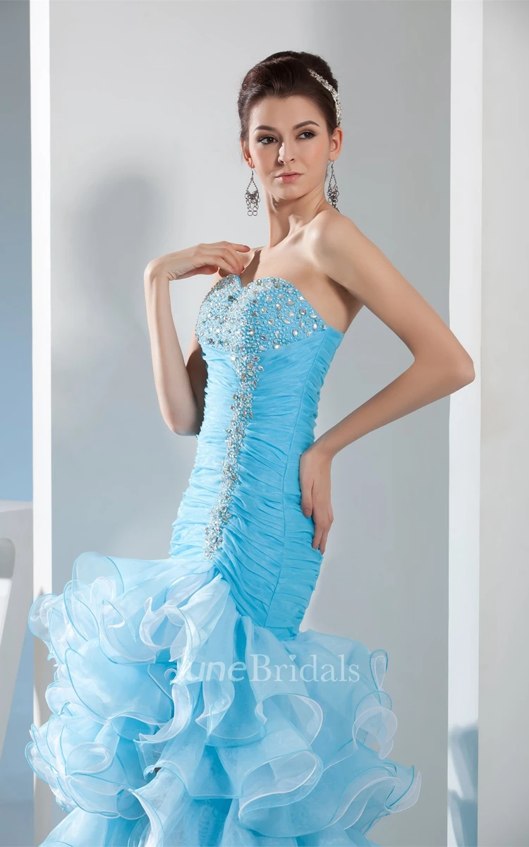 Sweetheart Mermaid Ruched Gown with Tiered Ruffle and Crystal Detailing