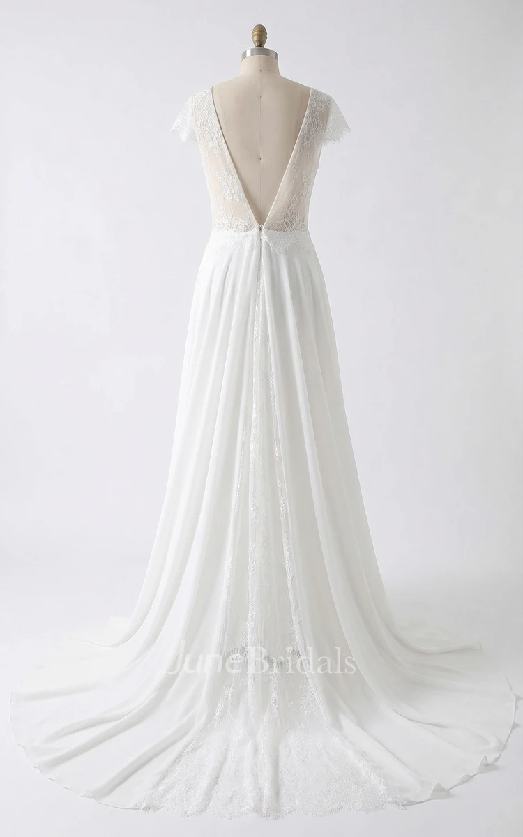 Elegant Lace A-Line Cap Sleeve Wedding Dress with Illusion Deep-V Back
