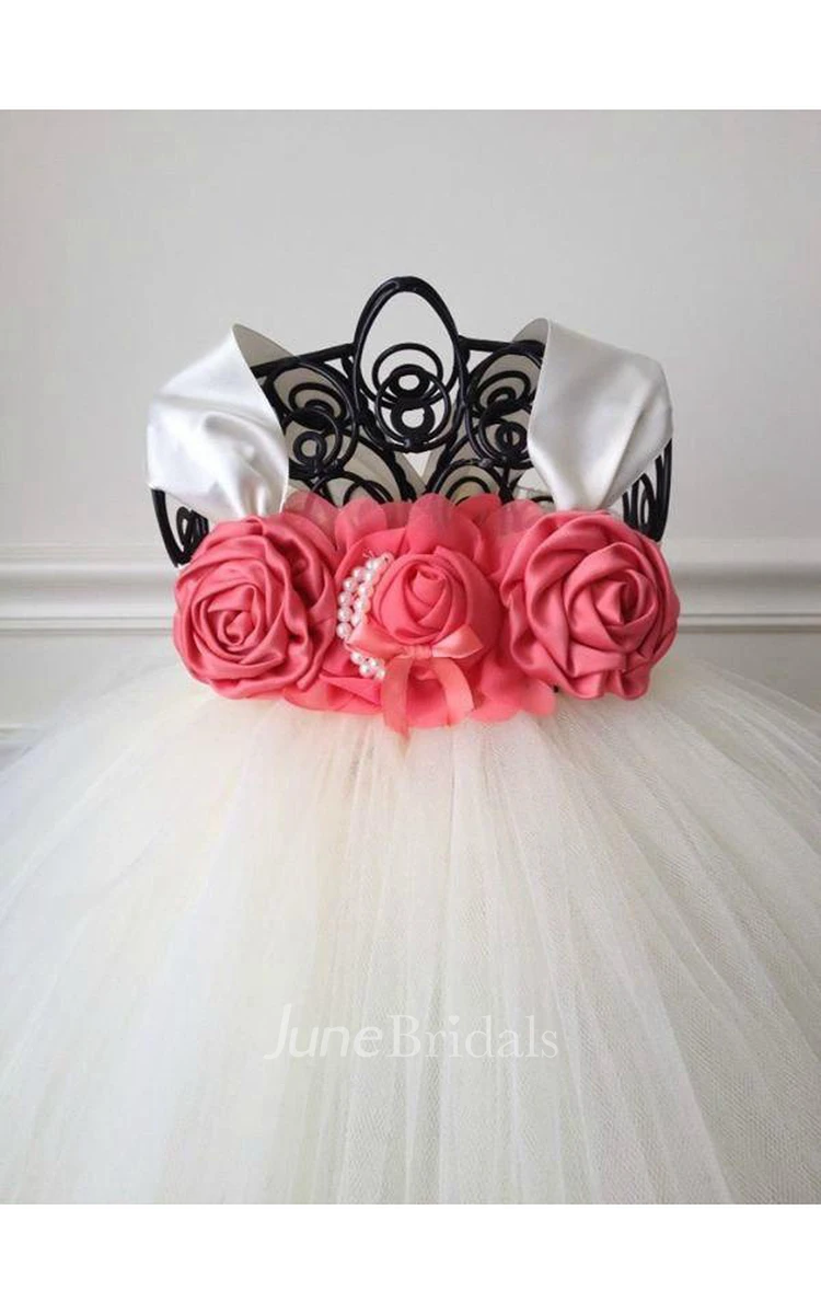 Cap Sleeve Pleated Empire Waist Tulle Ball Gown With Coral and Ivory Flower Bust