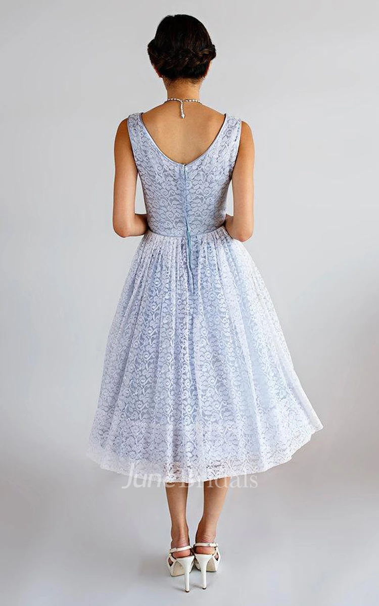 Lace A-Line Tea-Length Scoop Dress With Low-V Back