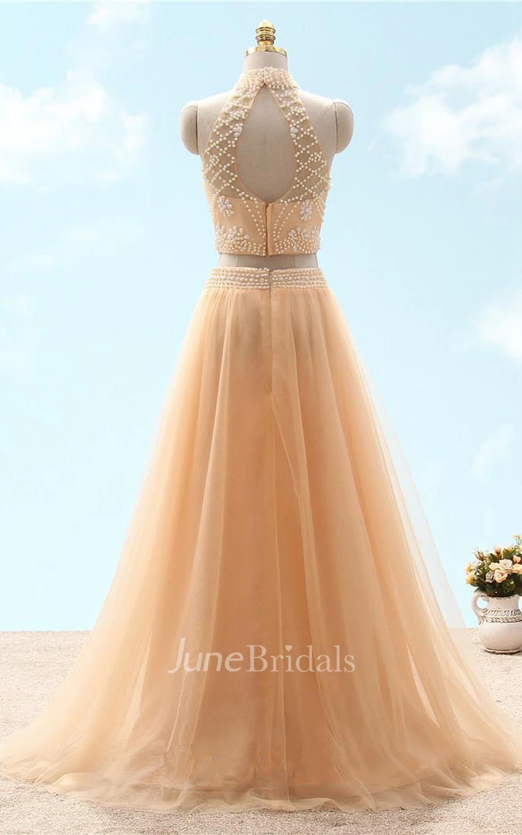 A-line High Neck Sleeveless Tulle Beading Lace Dress