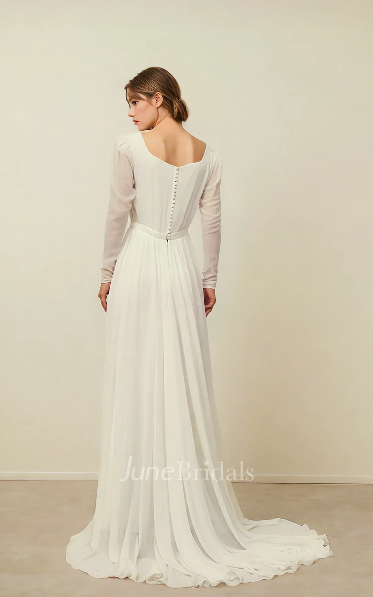 Casual Square Neck Simple Chiffon Sheer Long Sleeve Lace Trailing Long Bridal Dress