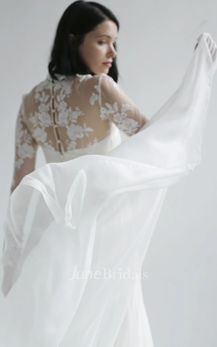 High Neck Long Sleeve Illusion Lace And Chiffon Wedding Gown