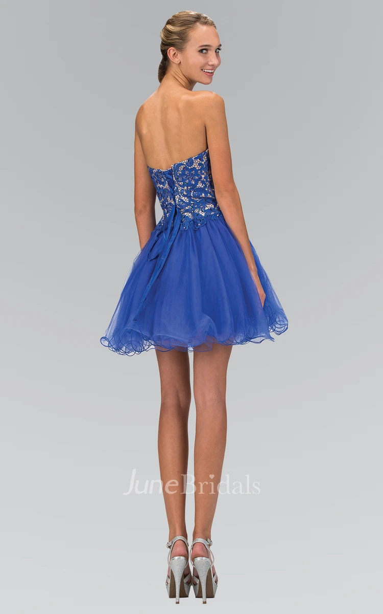 A-Line Short Sweetheart Sleeveless Tulle Lace-Up Dress With Beading And Appliques