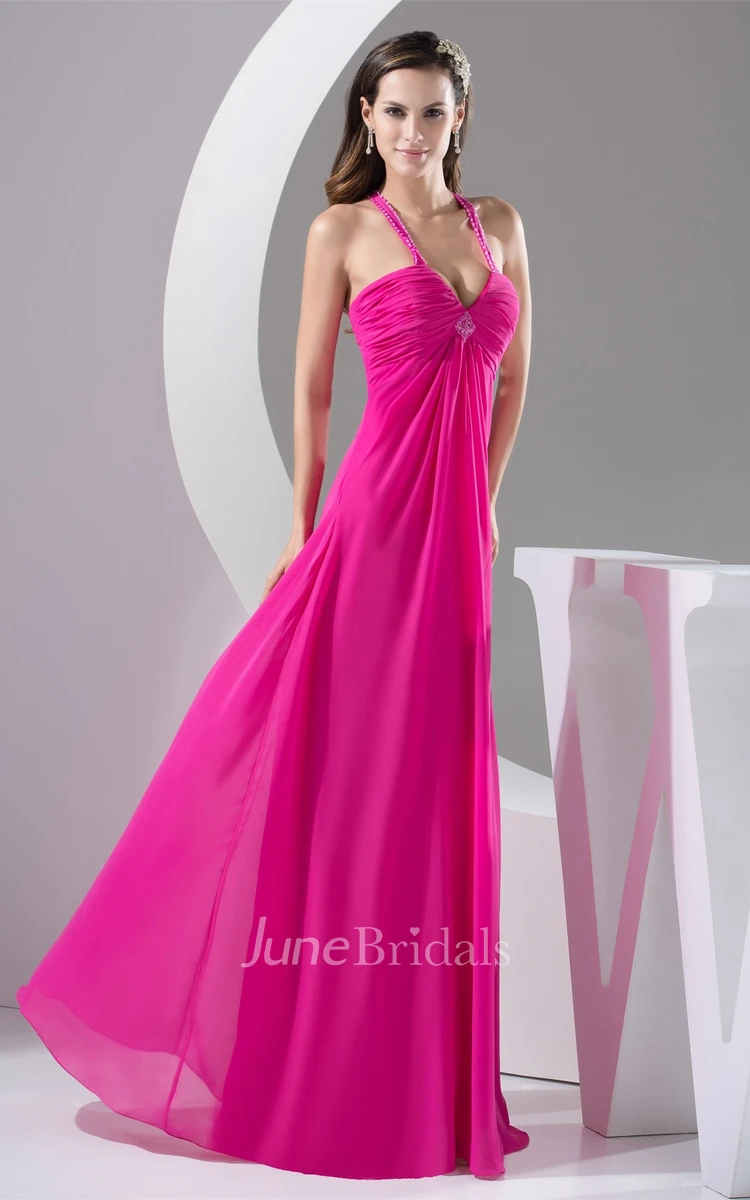 Plunged Criss-Cross Chiffon Maxi Dress with Beading and Broach