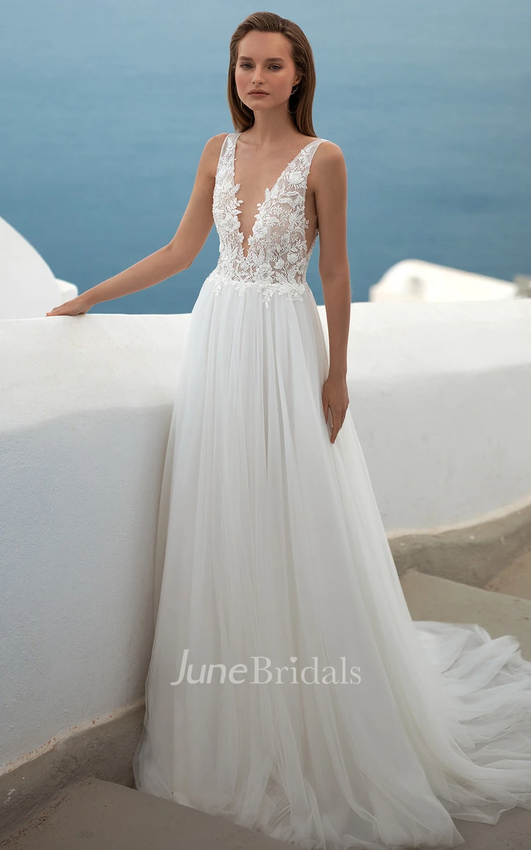 Simple A-Line V-neck Lace Tulle Wedding Dress With Open Back And Appliques