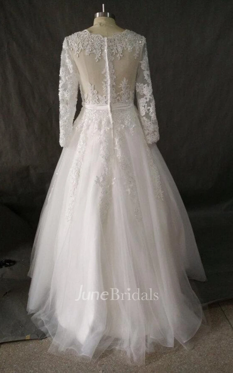 Bateau Long Sleeve Tea-Length Tulle Dress With Beading And Appliques