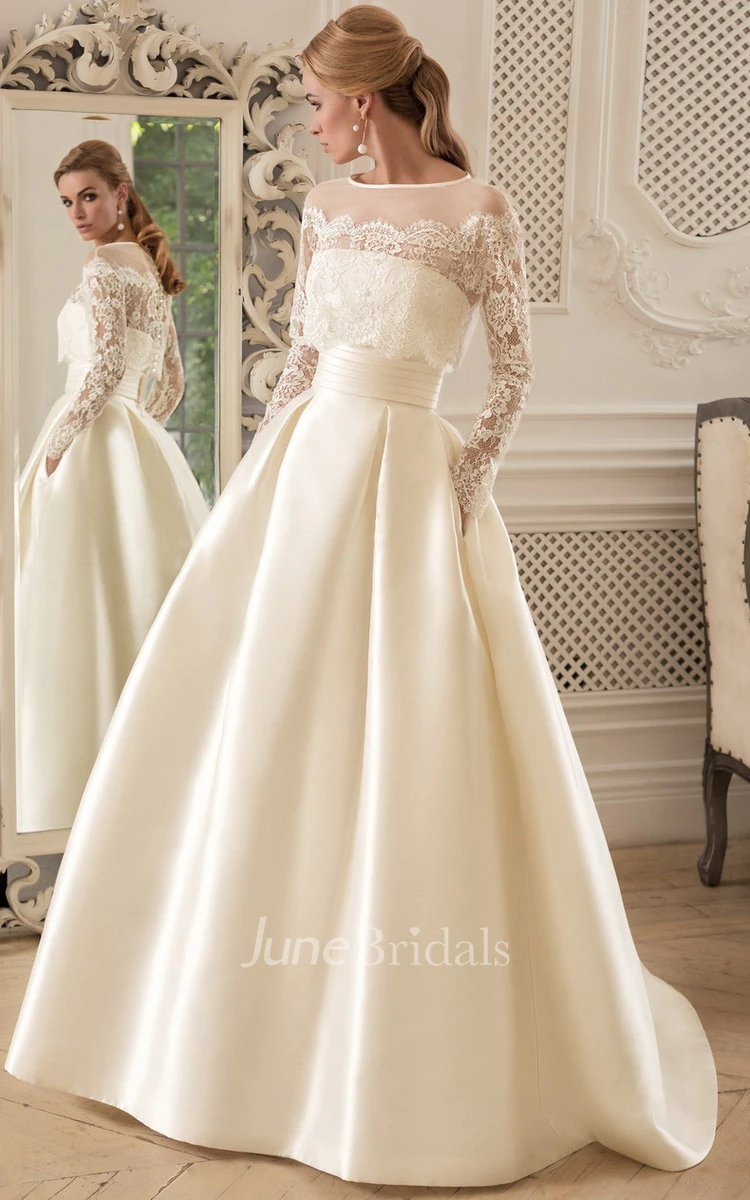 Modern A Line Floor-length Long Sleeve Satin Jewel Wedding Dress with Ruching