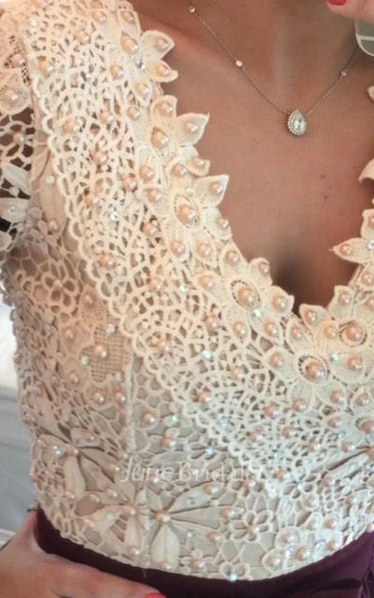 Stunning Long Sleeve Lace Pearls Prom Dresses Long Party Gowns