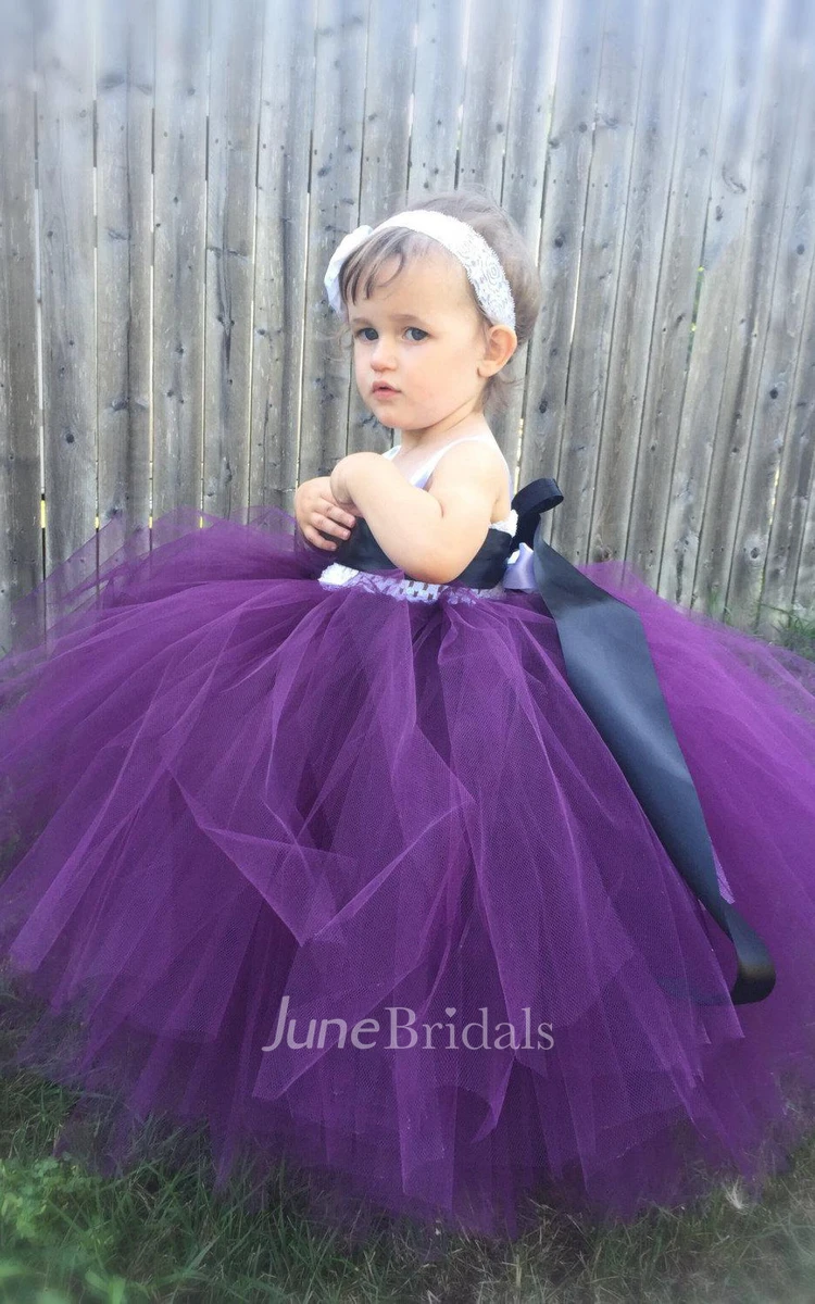 Sleeveless Pleated Tulle Ball Gown With Flower&Sash Ribbon