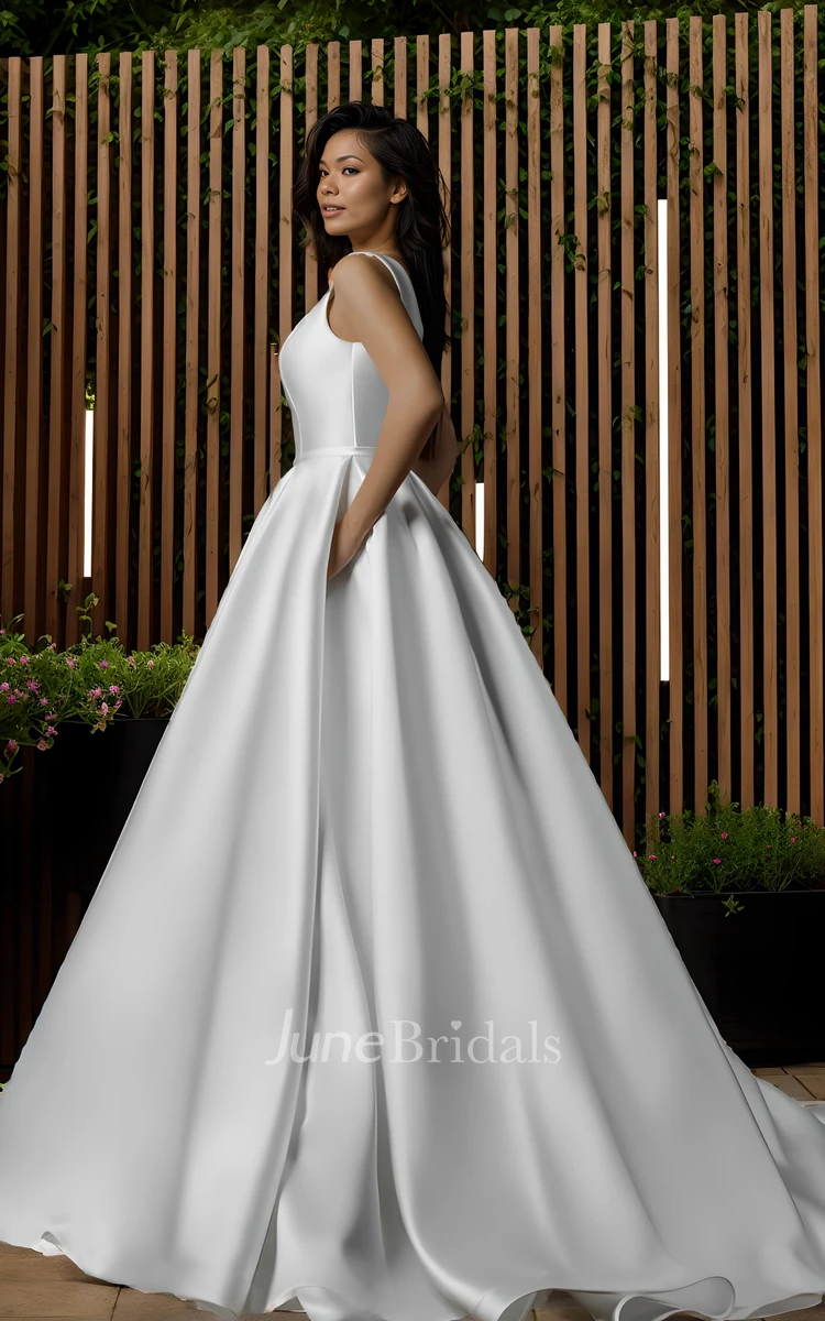 Modern Simple A-Line Square Neckline Ball Gown Wedding Dress Minimalist Elegant Plus Size Corset Back Floor Length Sweep Train Bridal Gown with Pocket