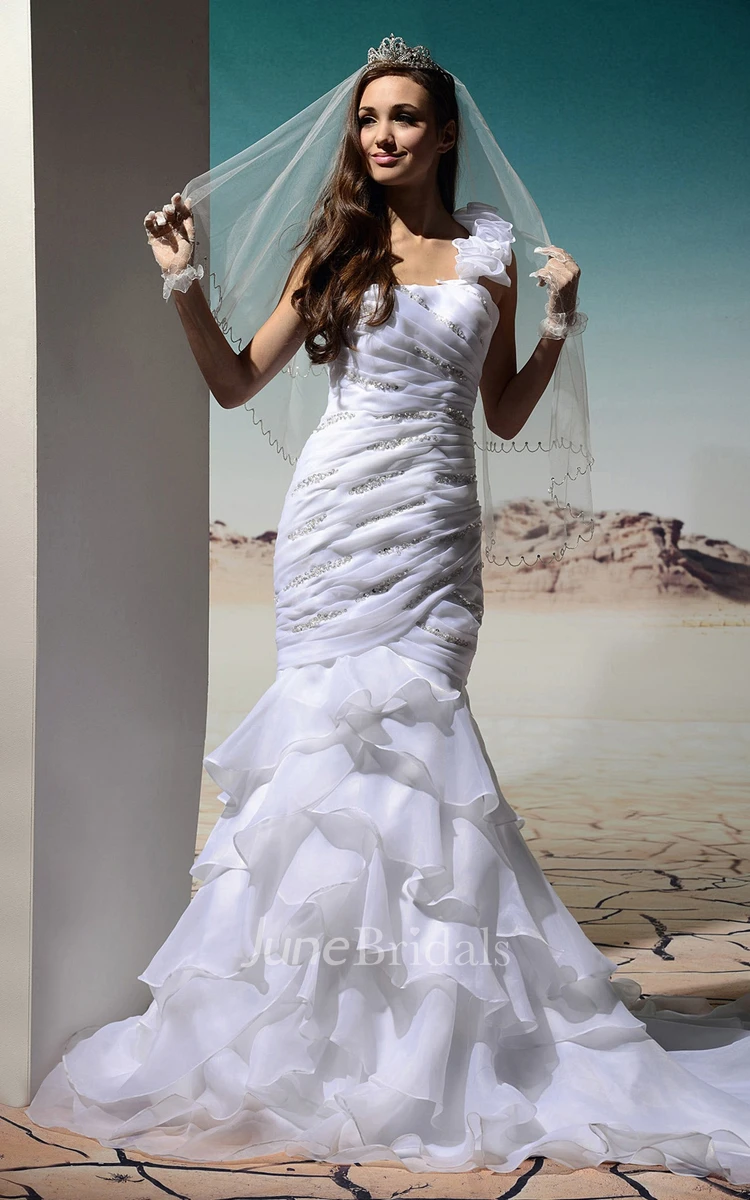 One-Shoulder Ruched Mermaid Dress With Beading and Ruffles