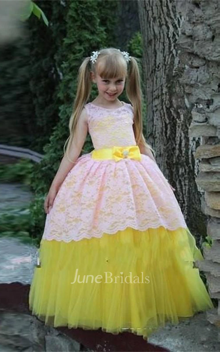 Lovely Lace Ball Gown Tulle Flower Girl Dress Bowknot Sleeveless