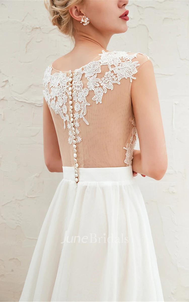 Cap Sleeve Elegant A-line Split Front Illusion Lace Appliqued Chiffon Bridal Gown