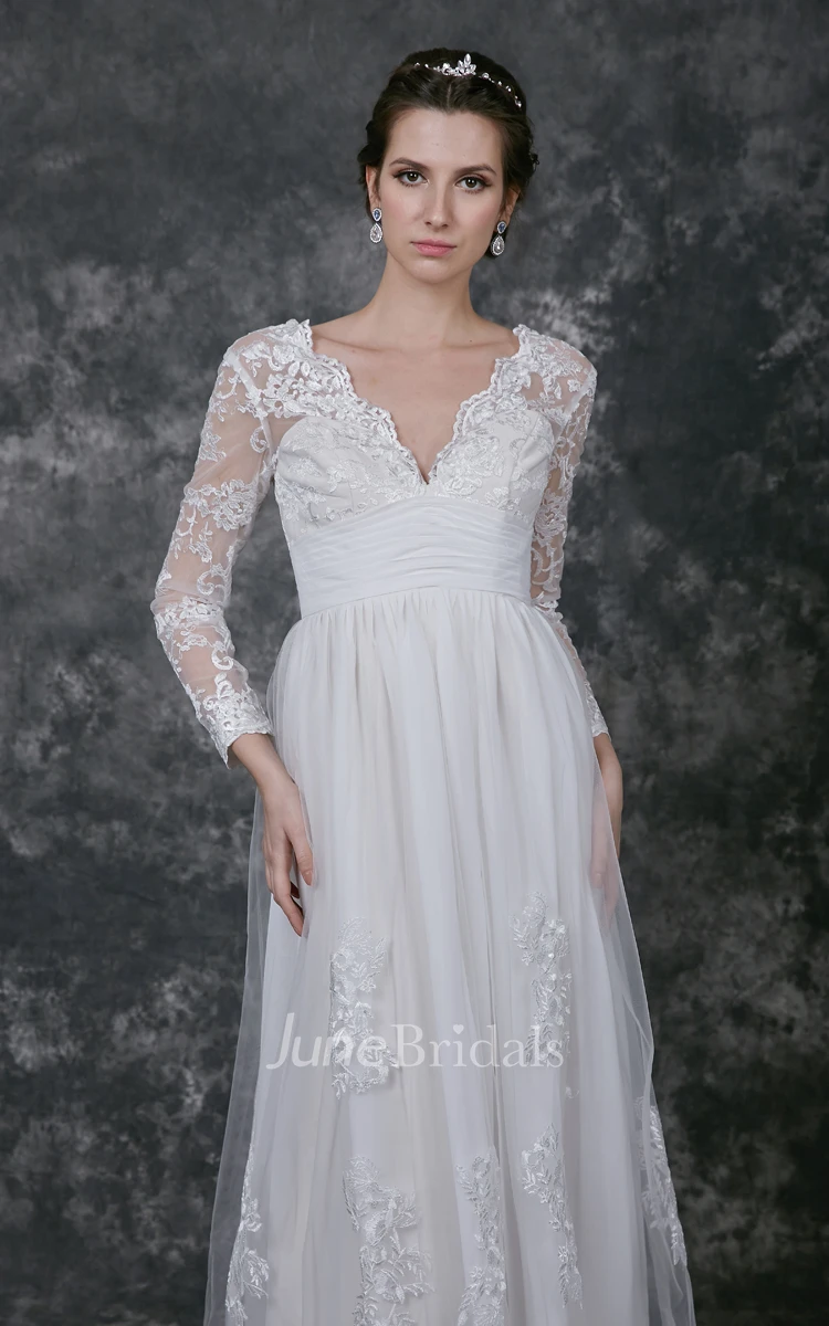 V-neck Ruched Chiffon Dress With Illusion Sleeve