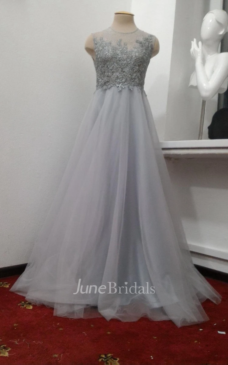 Jewel-Neck Sleeveless Tulle A-Line Dress With Appliques
